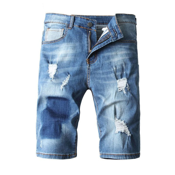 Fashion Men Cotton Zipper Design Ripped Denim Shorts