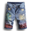 Men Cotton Applique Ripped Denim Shorts