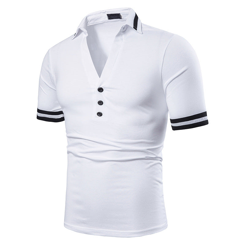 Men Polyester Deep V Neck Lapel Short Sleeves Polo Shirts