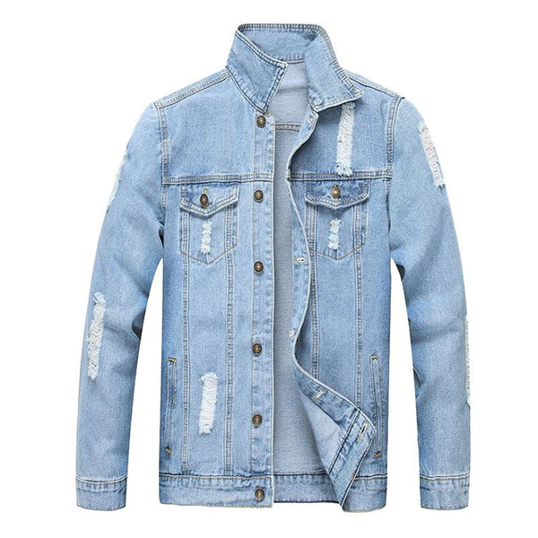 Men Cotton Ripped Denim Jacket