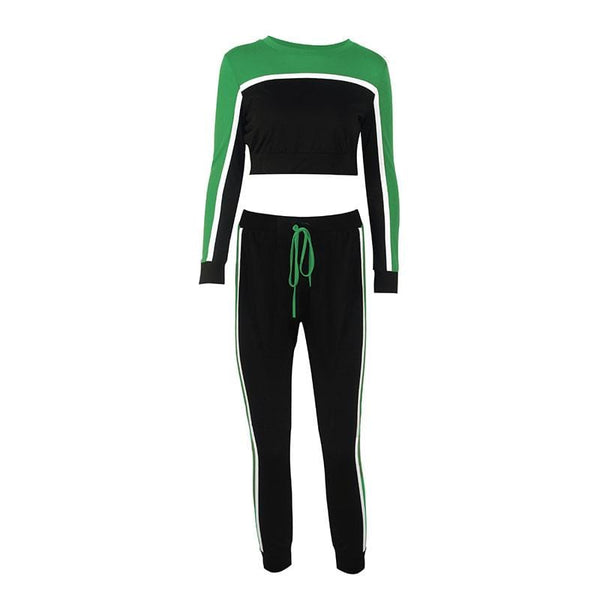 Women Casual Round Collar Color Blocking Design Crop Top And Pants Sets