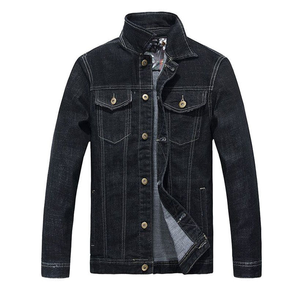 Men Cotton Black Button Design Denim Jacket