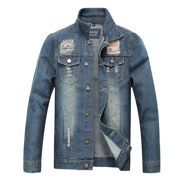 Men Cotton Slim Fit Ripped Denim Jacket