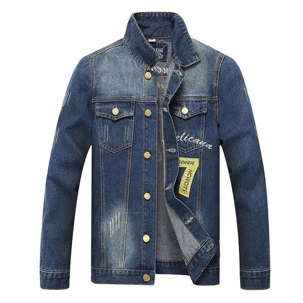 Men Cotton Letter Embroidered Long Sleeves Denim Jacket