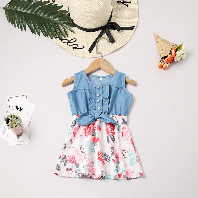 Matching Family Outfits Denim Patchwork Floral Print Skirt