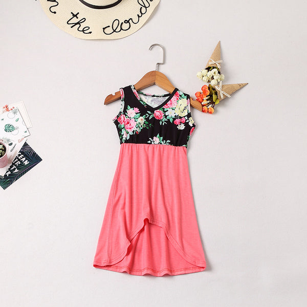 Matching Family Outfits Polyester V Neck High-low Hemline Print Dress