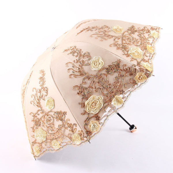3 Folding Embroidered Lace UV Protection Rainy Sunny Umbrella