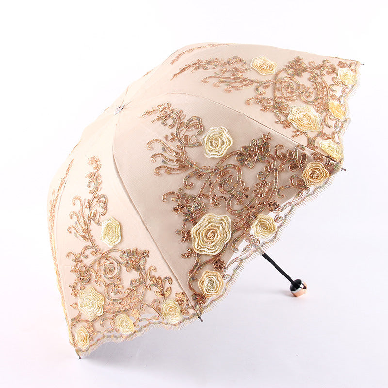 3 Folding Embroidered Lace UV Protection Rainy Sunny Umbrella