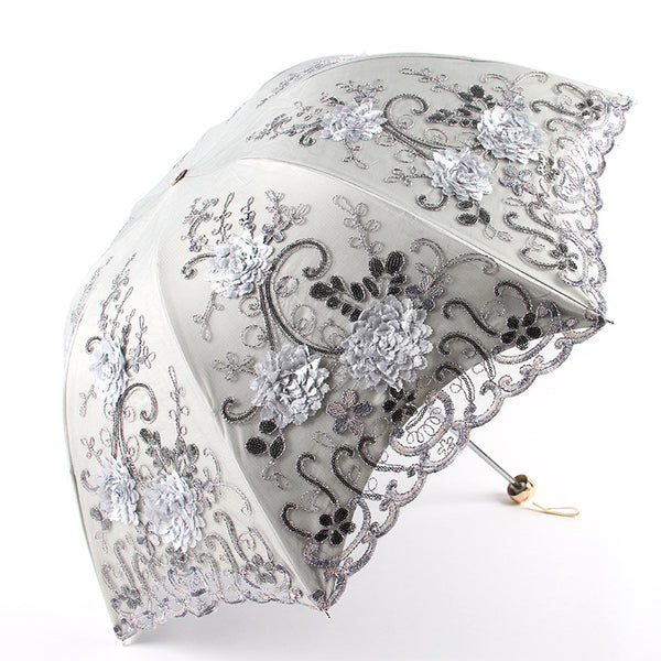 3 Folding Embroidered Lace Double Layers Rainy Sunny Umbrella
