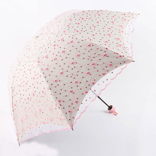 High Quality Embroidered Double Layers Lace 3 Folding Umbrella