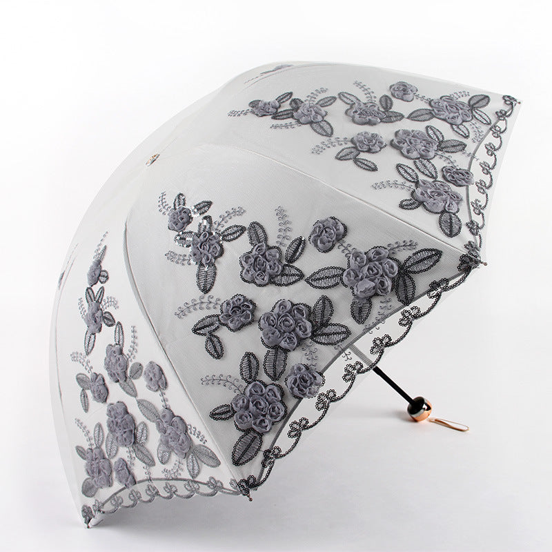 3 Folding Floral Embroidered Double Layers Umbrella