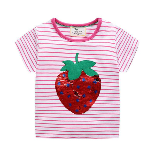 Girl Cotton Strawberry Print Short Sleeves T-shirt