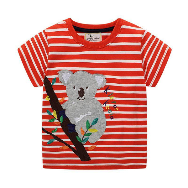 Kids Cotton Striped Koala Print Short Sleeves Tee