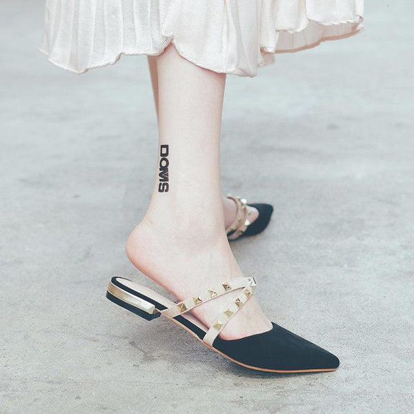 Cross Studded Design Pointed Toe Flat Slippers Shoes