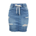 Fashion Drawstring Design Women Ripped Denim Skirt