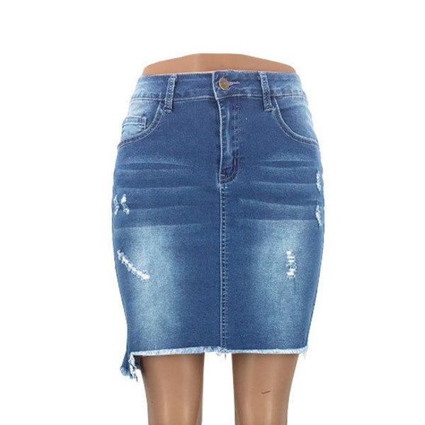 Women Fashion Irregular Raw Hem Ripped Denim Skirt