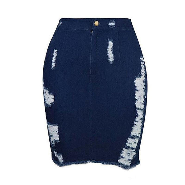 Women High-waisted Elastic Raw Hem Ripped Denim Skirt