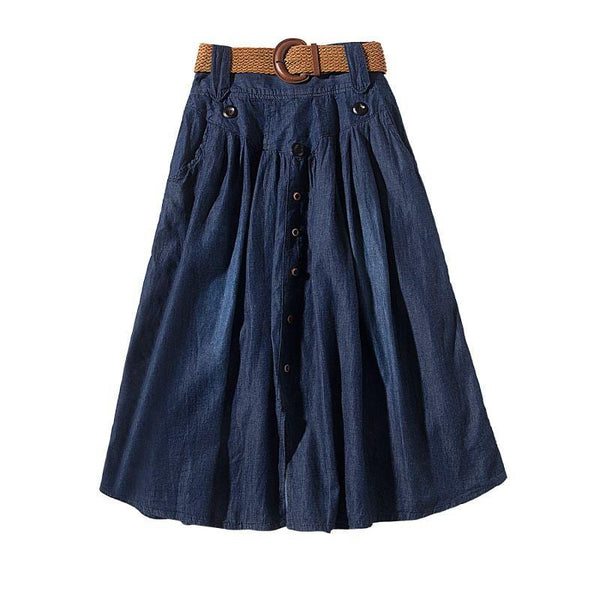 Women Fashion Decorative Belt Single-breasted Design Large Hem Denim Skirt