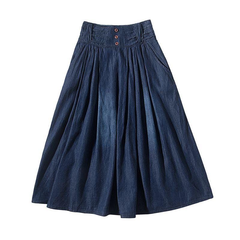 Women Plus Size High-waisted Button Design Swing Denim Skirt