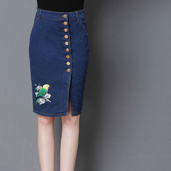 Elegant Embroidery Design Women Single-breasted Slit Tight Denim Skirt