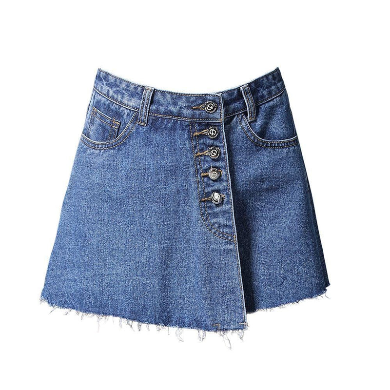 Women Fashion Single-breasted Hem Overlap Design Denim A-line Skirt Culotte