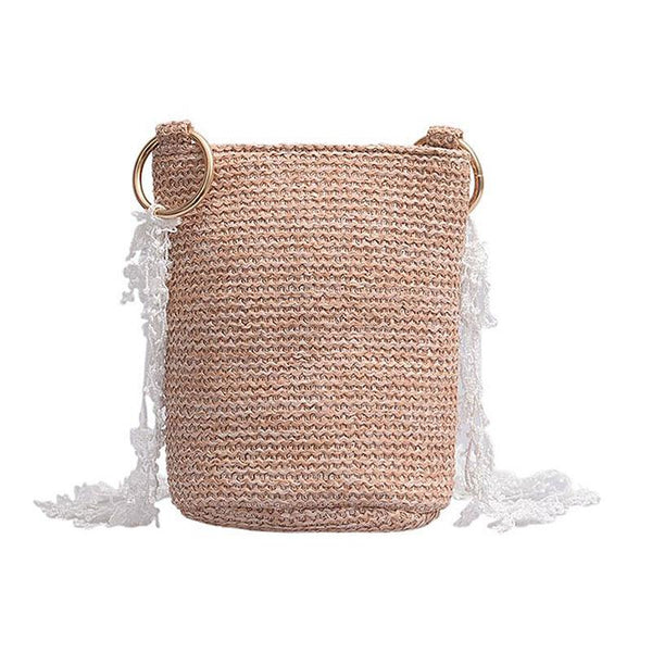 Creative Lace Strap Design Summer Straw Woven Bucket Bag
