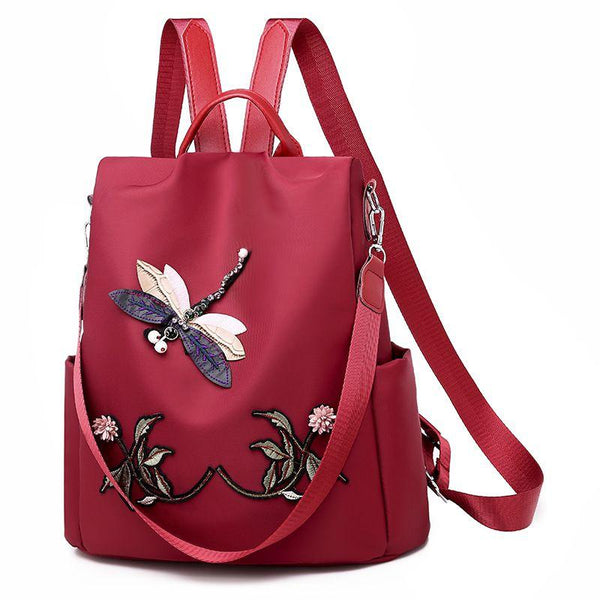 Creative Dragonfly Embroidery Design Women Casual Nylon Backpack