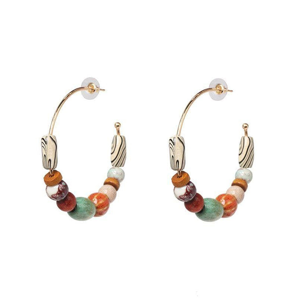 Women Retro Boho Style Multicolor Beads Design Hoop Earrings