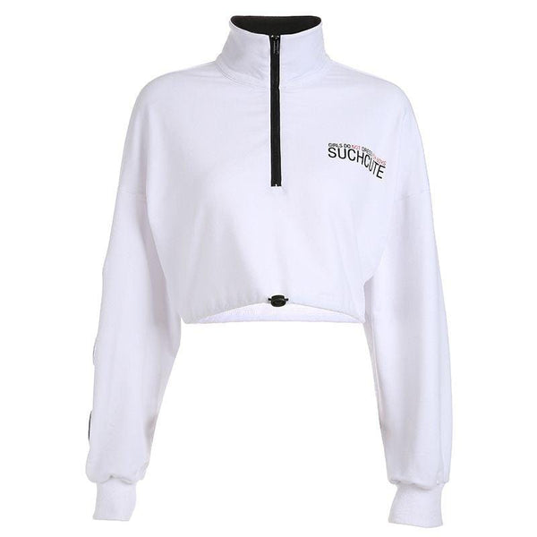 Women Fashion Long-sleeve Zipper Drawstring Design Letter Print Cropped Sweatshirt