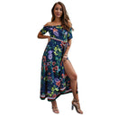 Women Fashion Off-the-shoulder Side-slit Sash Design Floral Print Maxi Dress