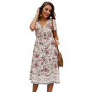 Women Casual Loose V Neck Floral Print Boho Midi Dress