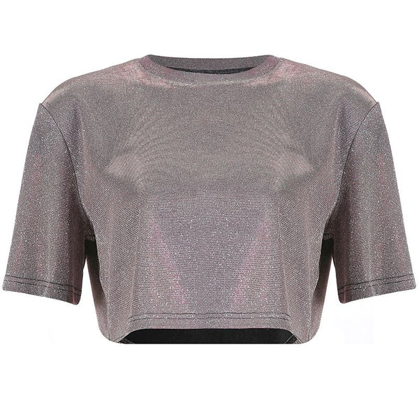 Hot Sale Women Simple Basic Round Collar Short-sleeve Shiny Crop Top