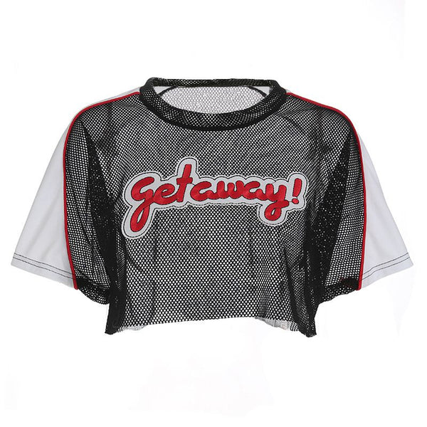 Hot Sale Women Color Blocking Mesh Hollow Out Embroidery Design Crop Top