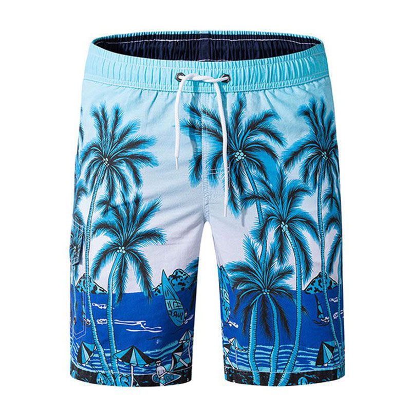 Men Cotton Coconut Seawater Print Loose Casual Shorts