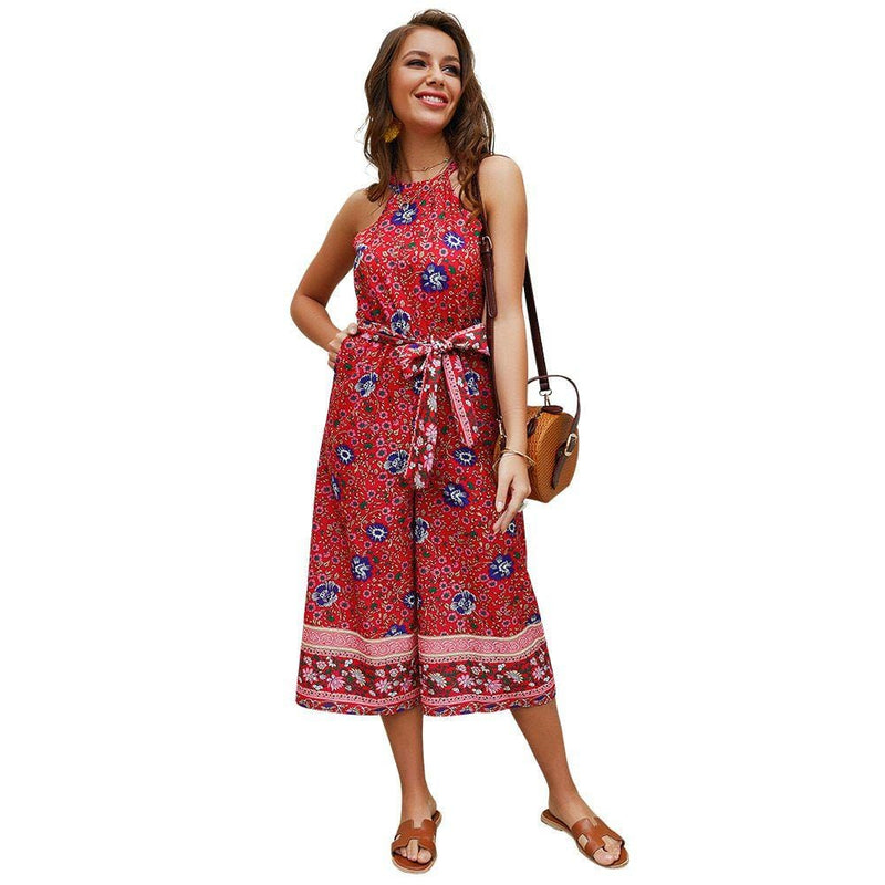 Women Vacation Style Loose Halter Sash Design Floral Print Jumpsuits