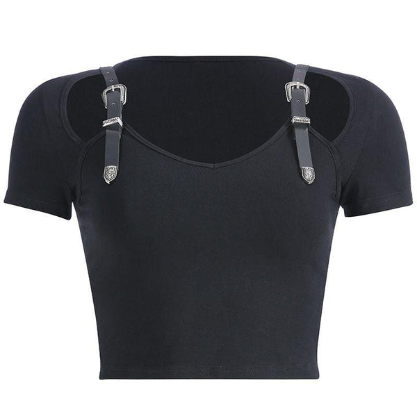 Women Edgy Style Unique Belted Shoulder Short-sleeve Cropped T-shirt