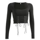 Hot Sale Women Square Neck Long-sleeve Lace-up Design Crop Top