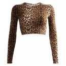 Women Fashion Round Collar Long-sleeve Leopard Print Tight Crop Top