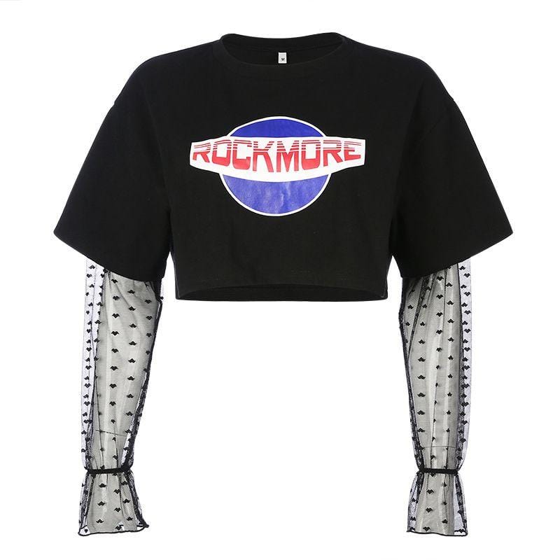 Women Round Collar Patchwork Mesh Long-sleeve Design Graphic Print Cropped Tee