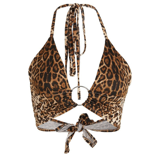 Hot Sale Women Sexy Deep V Neck Halter Backless Design Leopard Print Camisole