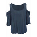 Cool-shoulder Casual Loose Pattern Round Collar Half-sleeve Solid Color T-shirt