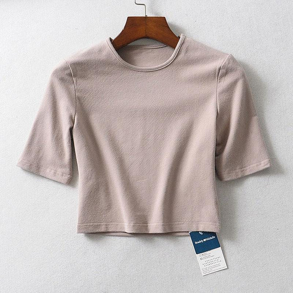 Women Fashion Basic Round Collar Short-sleeve Solid Color T-shirt