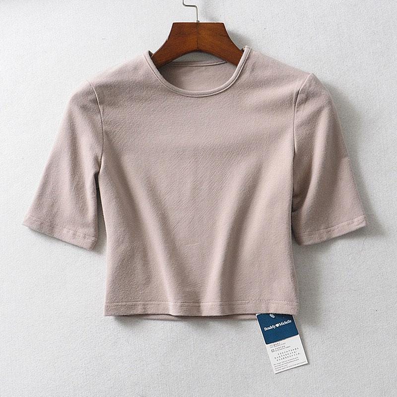 Women Fashion Basic Round Collar Short-sleeve Solid Color T-shirt
