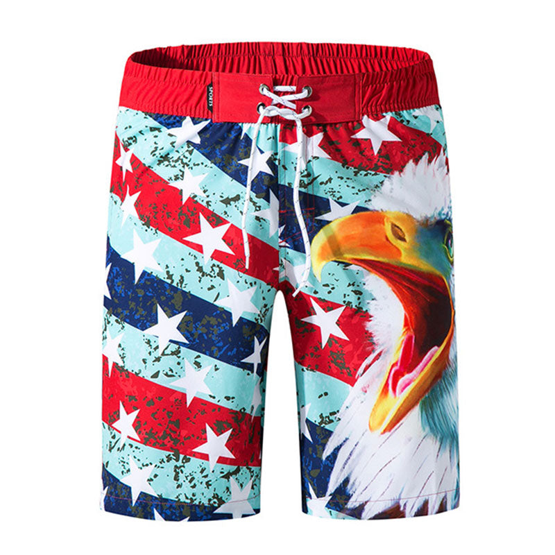 Men Eagle Print Drawstring Beach Shorts