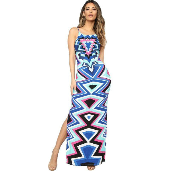 Women Fashion Geometric Print Side-slit Bodycon Slip Dress