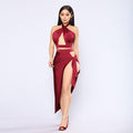 Women Sexy Halter Hollow Out Crop Top Side-slit Lace-up Skirt Set