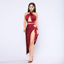 Women Sexy Halter Hollow Out Crop Top Side-slit Lace-up Skirt Set