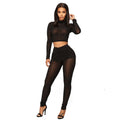 Mesh Patchwork Rhinestone Design See-through Long-sleeve Crop Top Jogger Pants Set