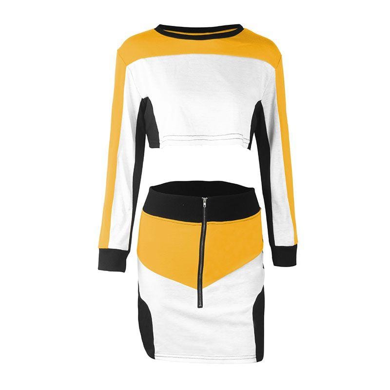 Women Casual Contrast Long-sleeve Crop Top Zipper Design Skirt Sporty Set