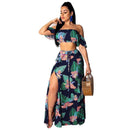 Women Floral Print Off-the-shoulder Ruffled Crop Top And Lace-up Side-slit Skirt Set